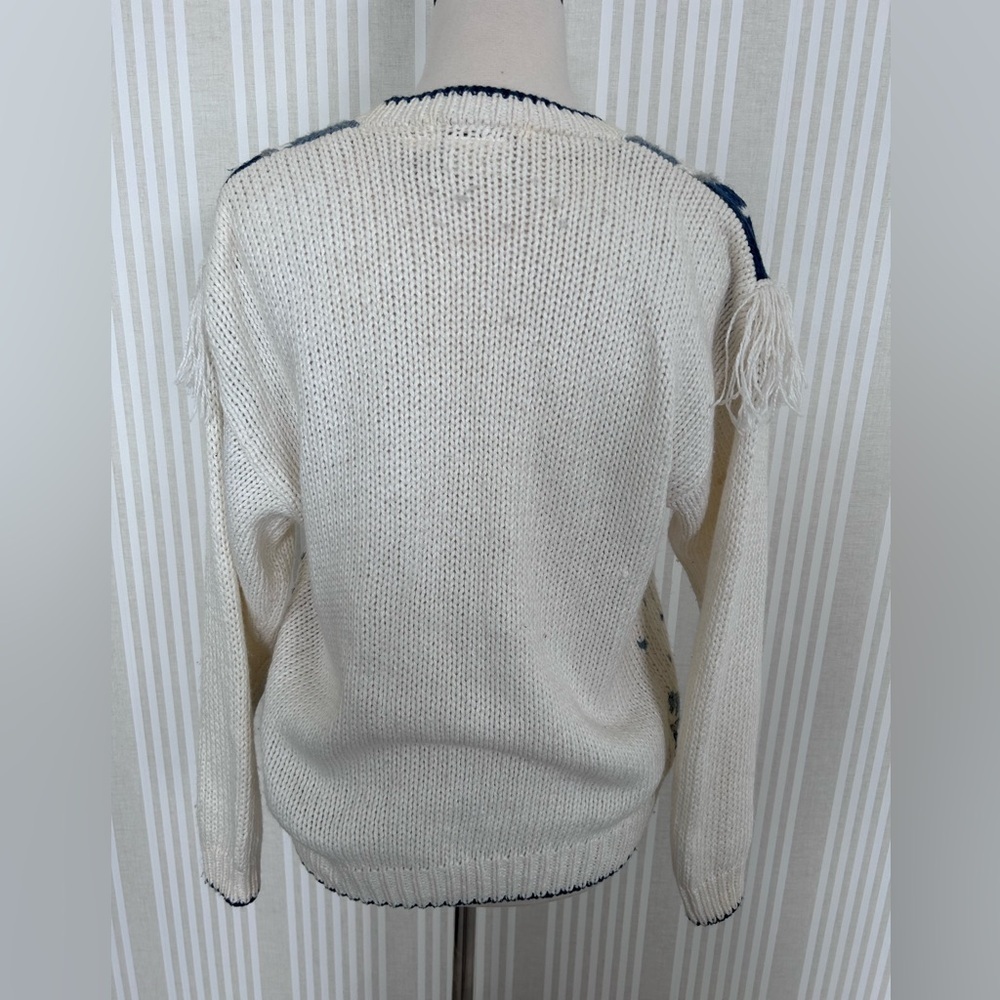 Vintage Huntington Ridge 80s Western Cardigan Sweater Small Blue Cream Fringe - Picture 3 of 5